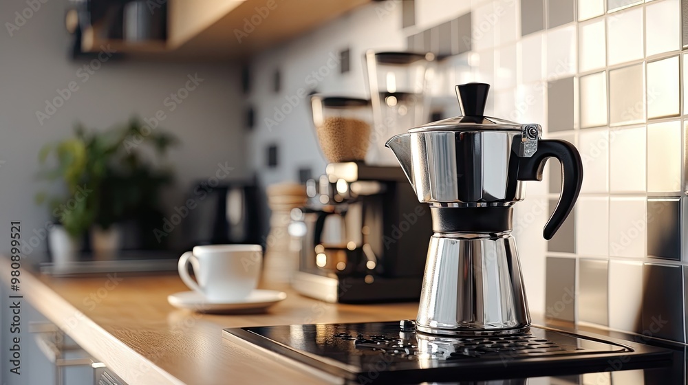 A shiny stovetop espresso maker on a modern kitchen counter, with a coffee cup nearby, perfect for a morning brew. A shiny stovetop espresso maker on a modern kitchen counter, with a coffee cup nearby, perfect for a morning brew.