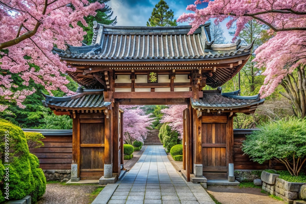 High-angle view of Japanese-style entrance gate with intricate carvings, surrounded by lush greenery and vibrant cherry High-angle view of Japanese-style entrance gate with intricate carvings, surrounded by lush greenery and vibrant cherry