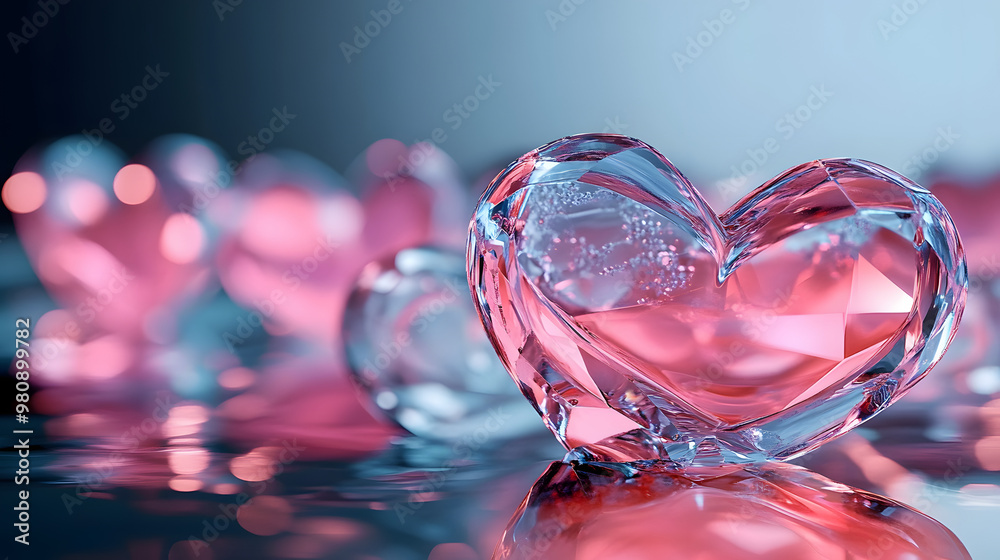 Melting crystal hearts creating abstract pattern on reflective surface. Melting crystal hearts creating abstract pattern on reflective surface.