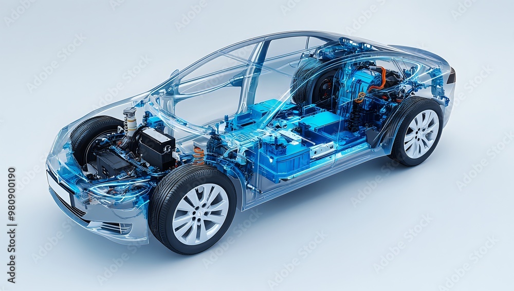 Transparent electric car with exposed engine and battery. Transparent electric car with exposed engine and battery.