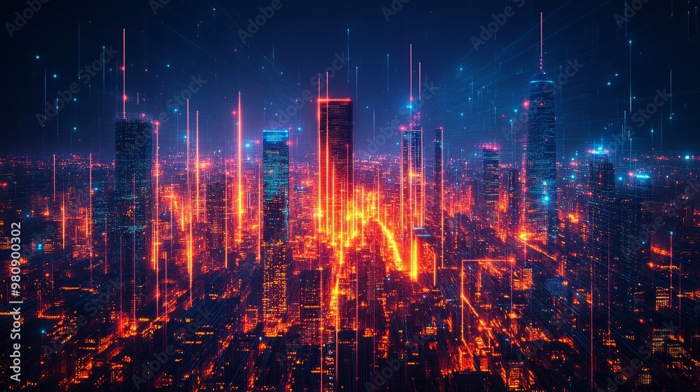 Obraz premium Night neon laser illuminated cityscape. City skyline. Urban background with architecture, skyscrapers, megapolis, buildings and city center.