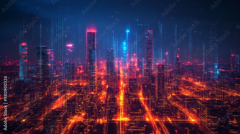 Obraz premium Night neon laser illuminated cityscape. City skyline. Urban background with architecture, skyscrapers, megapolis, buildings and city center.