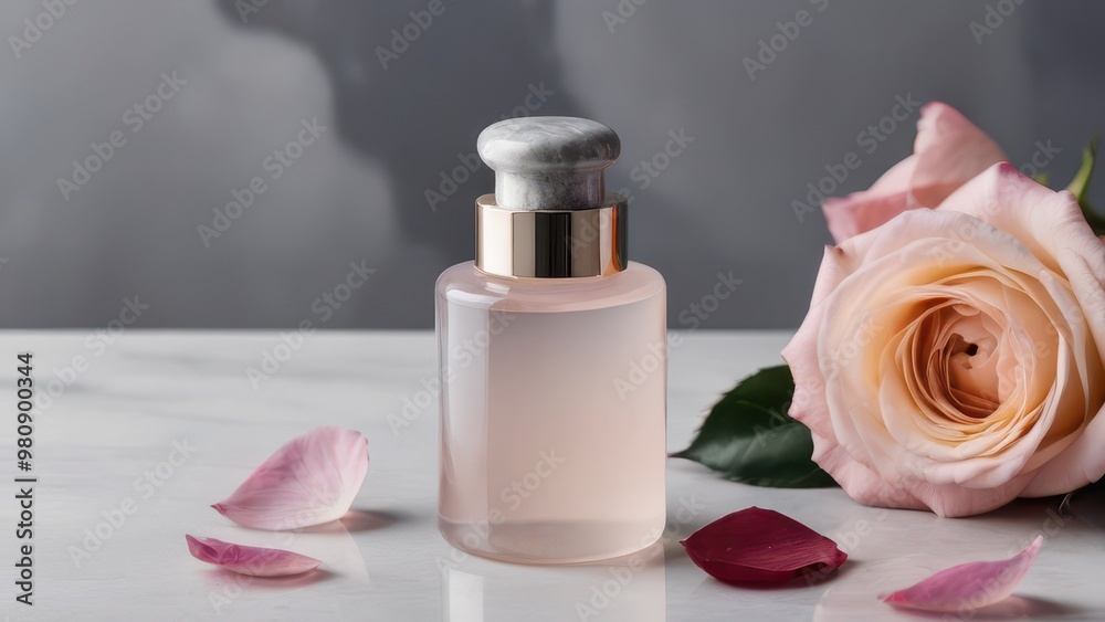 Frosted perfume bottle with pink roses and petals on a marble surface. A minimalist and fresh design, ideal for skincare and fragrance promotions Frosted perfume bottle with pink roses and petals on a marble surface. A minimalist and fresh design, ideal for skincare and fragrance promotions