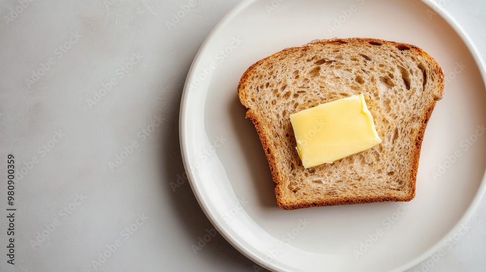 A slice of whole grain bread with butter on a white plate, with ample space for text on the side. A slice of whole grain bread with butter on a white plate, with ample space for text on the side.