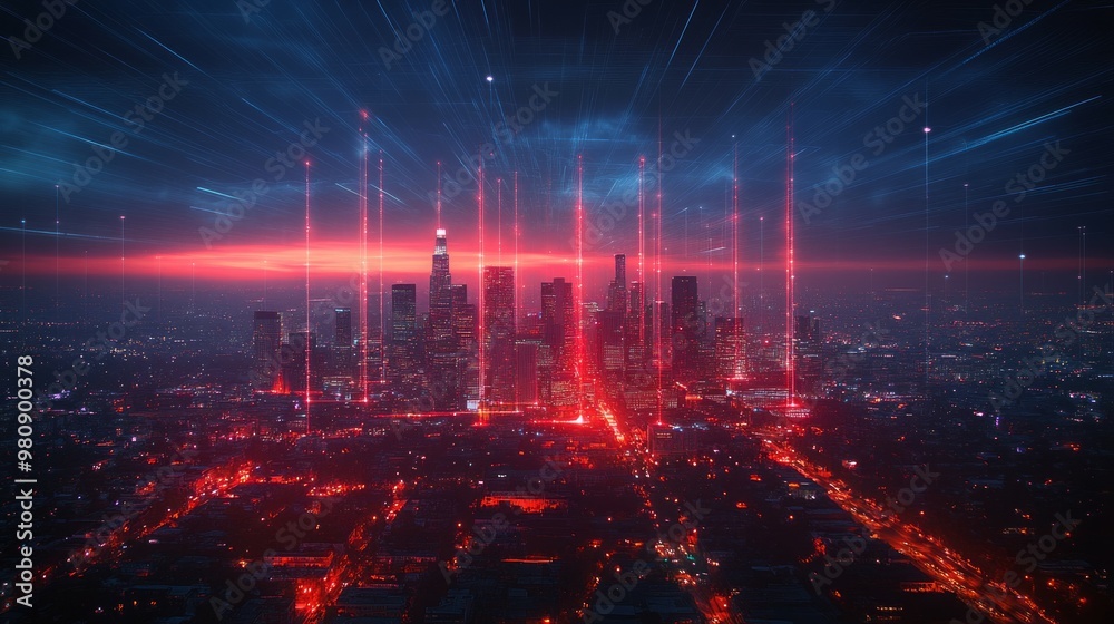 Obraz premium Night neon laser illuminated cityscape. City skyline. Urban background with architecture, skyscrapers, megapolis, buildings and city center.
