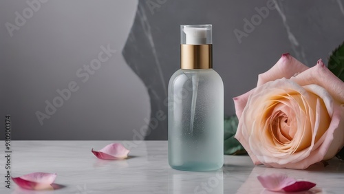 Frosted perfume bottle with pink roses and petals on a marble surface. A minimalist and fresh design, ideal for skincare and fragrance promotions