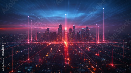 Night neon laser illuminated cityscape. City skyline. Urban background with architecture, skyscrapers, megapolis, buildings and city center.