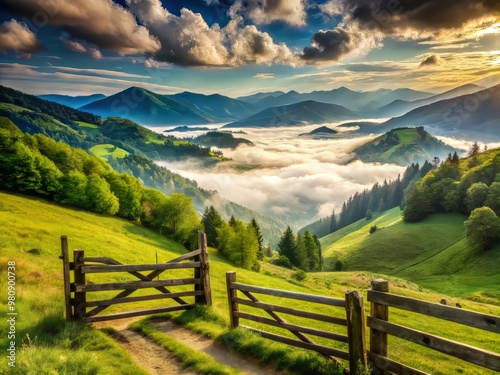 Lush green hills stretch towards wispy clouds, misty mountains rising in the distance, framed by a rustic wooden