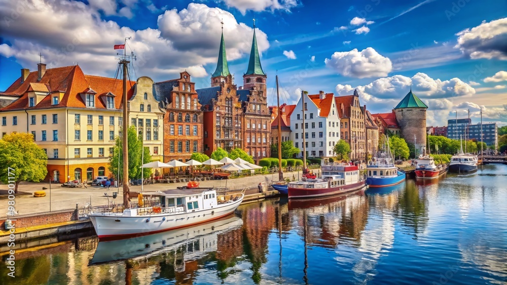 Fototapeta premium Historic waterfront architecture lines the Oder River in Stettin, Poland, with sailboats and yachts moored alongside