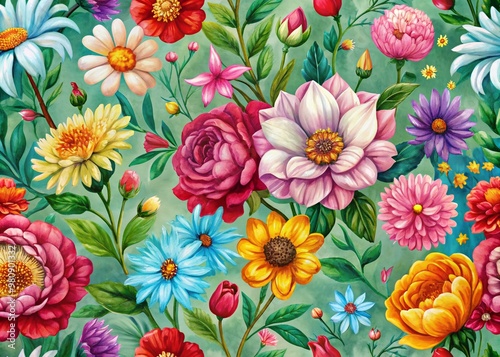 Vibrant hand-drawn floral seamless pattern illustration in acrylic paint features blooming flowers on a nature-inspired vintage art style spring season background.