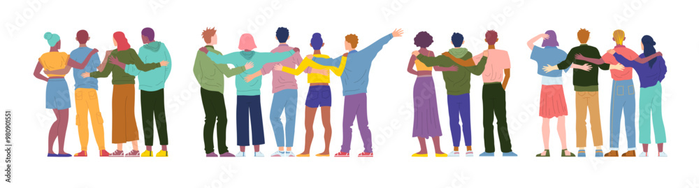 Fototapeta premium Cartoon Color Characters People Friends from Behind Concept Flat Design Style. Vector illustration of Hugging Team