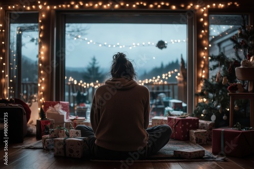 A person is seated cross-legged on the floor, surrounded by wrapped gifts and festive decorations, gazing out through a window adorned with holiday lights, capturing a serene and reflective moment.