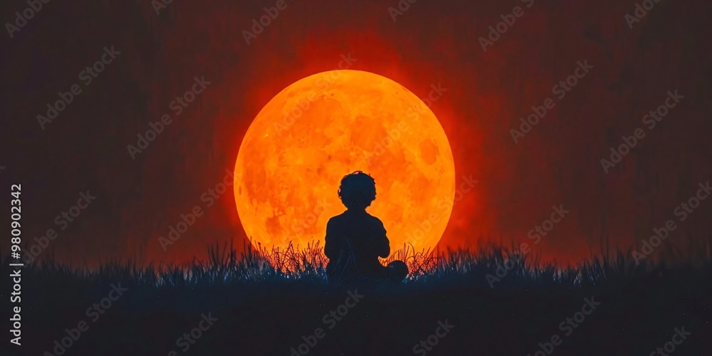 Silhouette of Child Gazing at a Giant Orange Moon Silhouette of Child Gazing at a Giant Orange Moon