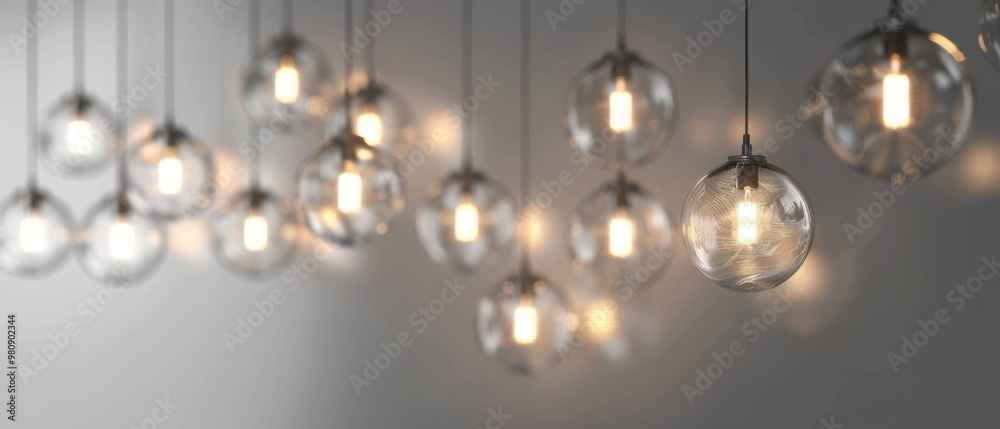 A bunch of glass light bulbs hanging from the ceiling A bunch of glass light bulbs hanging from the ceiling