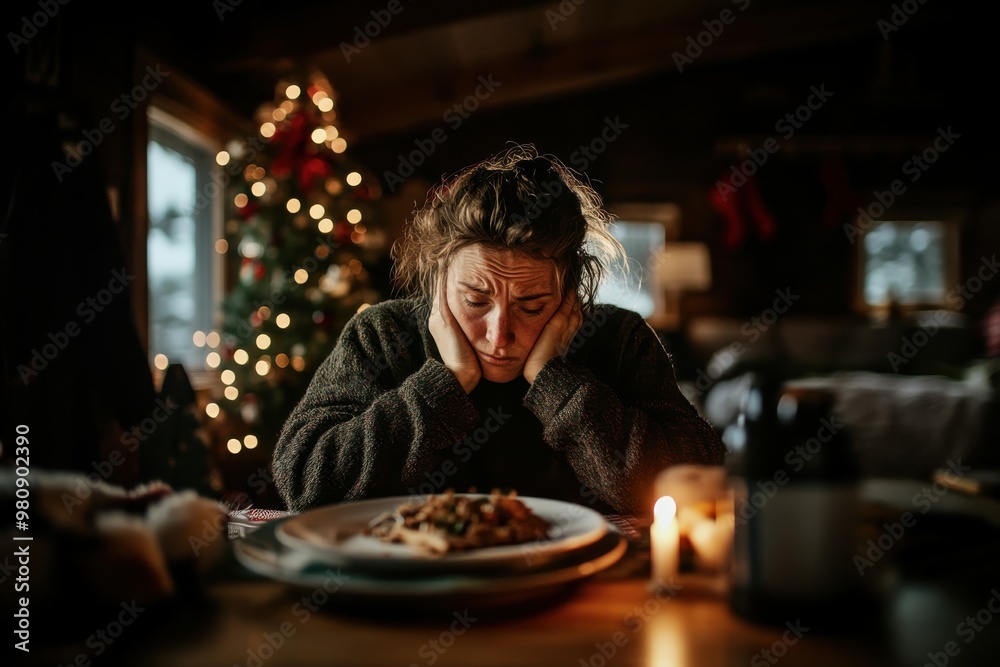 A person with disheveled hair, dressed in a cozy sweater, sits at a table prepared with a festive meal, with a Christmas tree and candle light setting a warm holiday ambiance. A person with disheveled hair, dressed in a cozy sweater, sits at a table prepared with a festive meal, with a Christmas tree and candle light setting a warm holiday ambiance.