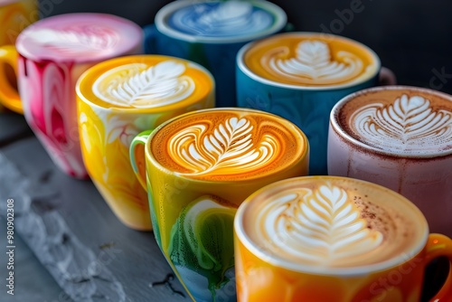 Vibrant Multicolored Latte Art Designs in Specialty Coffee Drinks Showcasing Barista s Creativity and Skill photo