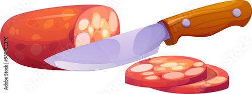 Sliced sausage being cut with a knife showcasing food preparation and cooking process. Isolated cartoon vector image with fatty sausage slices, conveys food, recipes and kitchen culinary themes