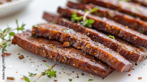 A plate of meat with herbs and spices on top