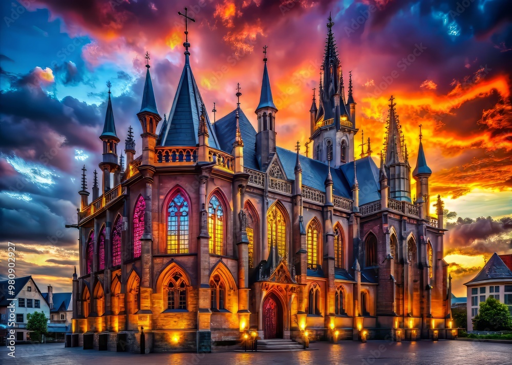Fototapeta premium Majestic Neo Gothic Architecture Featuring Intricate Details and Dark Atmospheric Elements