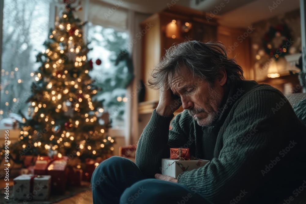 An individual sitting near a Christmas tree, holding multiple gift boxes in their lap, surrounded by festive decorations and warm lights, conveying a sense of seasonal reflection. An individual sitting near a Christmas tree, holding multiple gift boxes in their lap, surrounded by festive decorations and warm lights, conveying a sense of seasonal reflection.