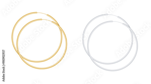 Round golden and silver earrings mockup isolated on white background. Female gold bracelets. Vector