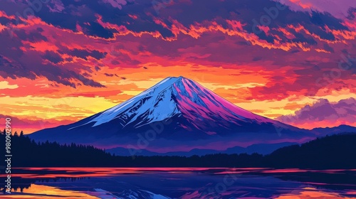 artistic interpretation of Mount Fuji with a dramatic sunset behind it