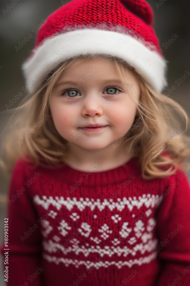 young girl in santa hat and festive red sweater with snowflake patterns outdoors young girl in santa hat and festive red sweater with snowflake patterns outdoors