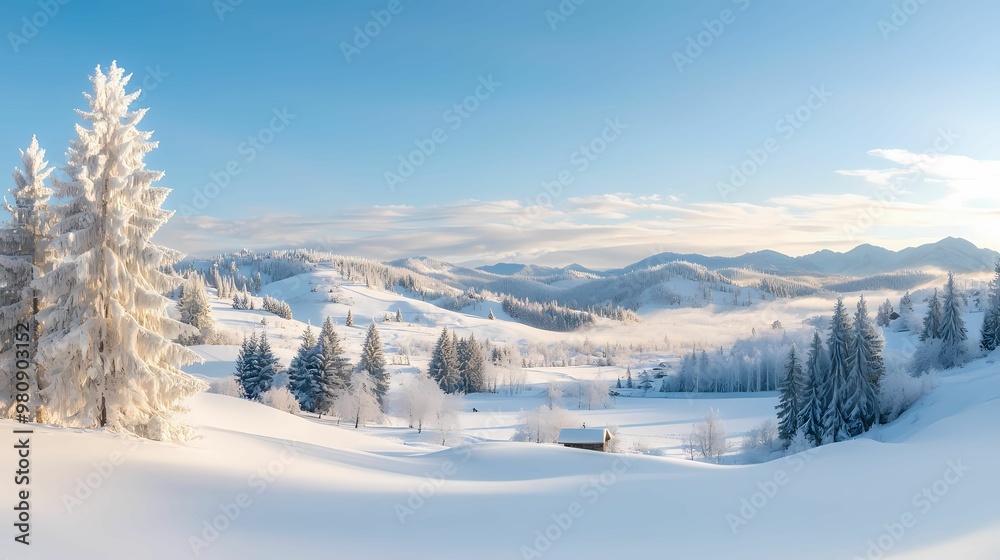 landscape of rolling hills covered in fresh snow, dotted with evergreen trees and a clear blue sky, perfect for holiday backgrounds landscape of rolling hills covered in fresh snow, dotted with evergreen trees and a clear blue sky, perfect for holiday backgrounds