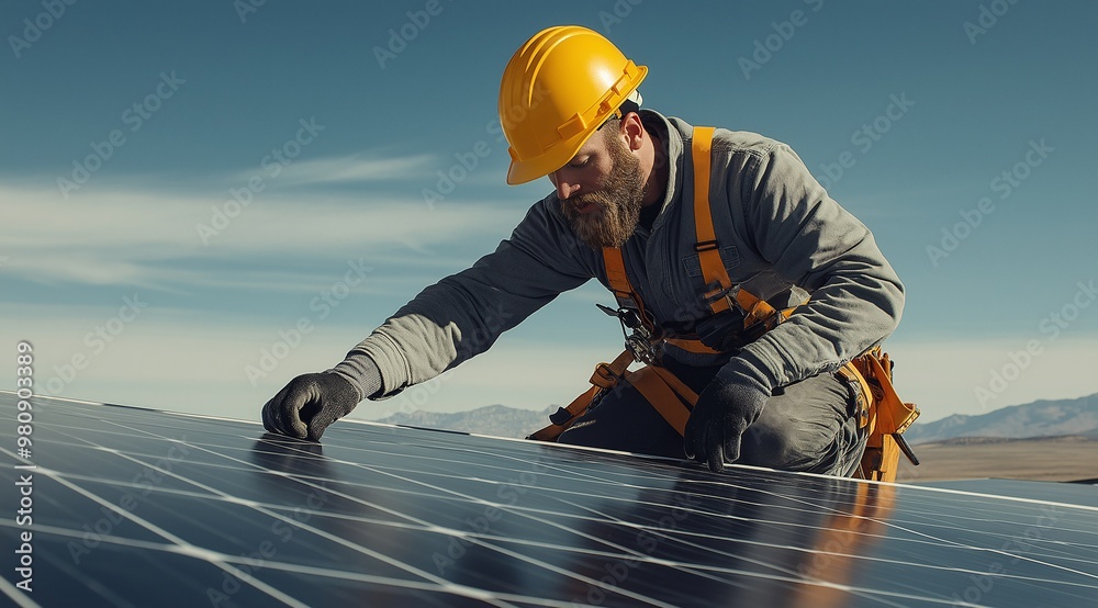 Electrician Working on Solar Panel Installation in Open Field Electrician Working on Solar Panel Installation in Open Field