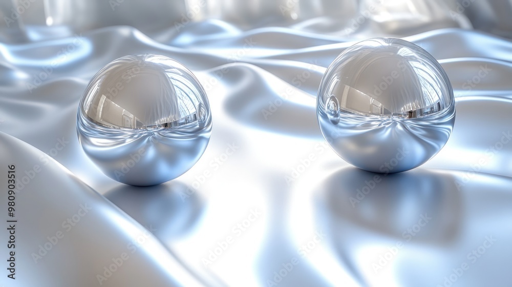 Two reflective spheres on a smooth, shiny surface. Two reflective spheres on a smooth, shiny surface.