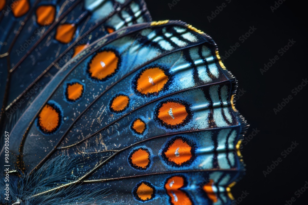 Close-up of a vibrant blue and orange butterfly wing, showcasing intricate patterns and textures. Close-up of a vibrant blue and orange butterfly wing, showcasing intricate patterns and textures.