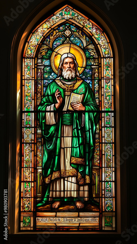 Stained glass of Saint Patrick in traditional green robe inside a church
