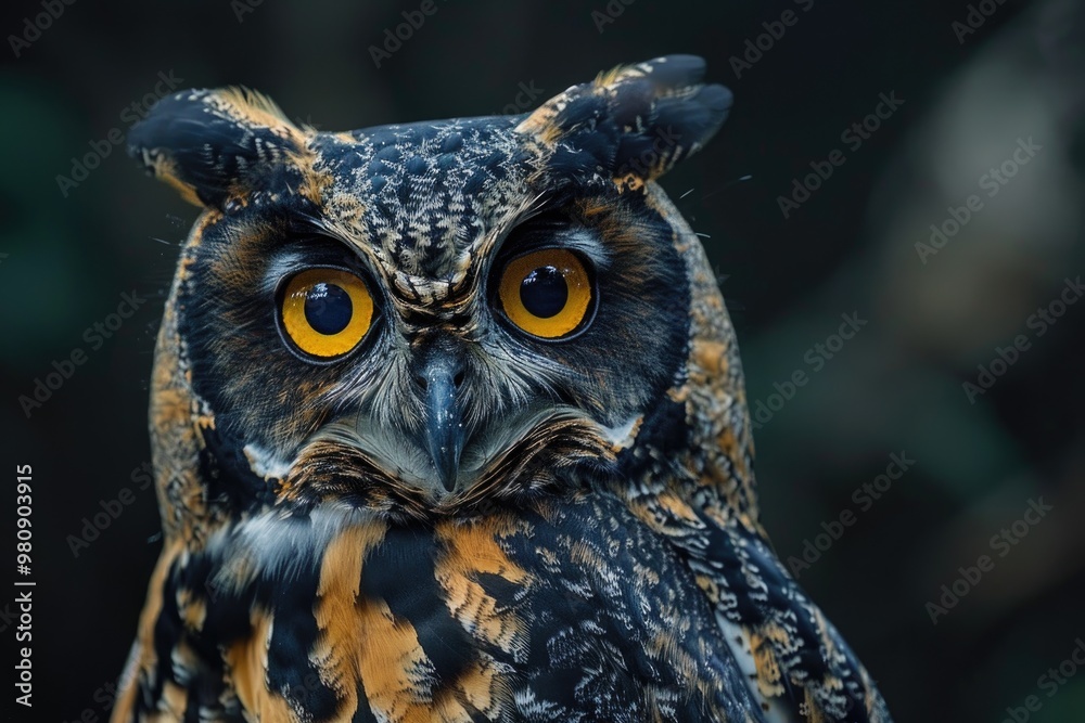 Close-Up of a Mysterious Owl with Intense Yellow Eyes in a Dark Forest Close-Up of a Mysterious Owl with Intense Yellow Eyes in a Dark Forest
