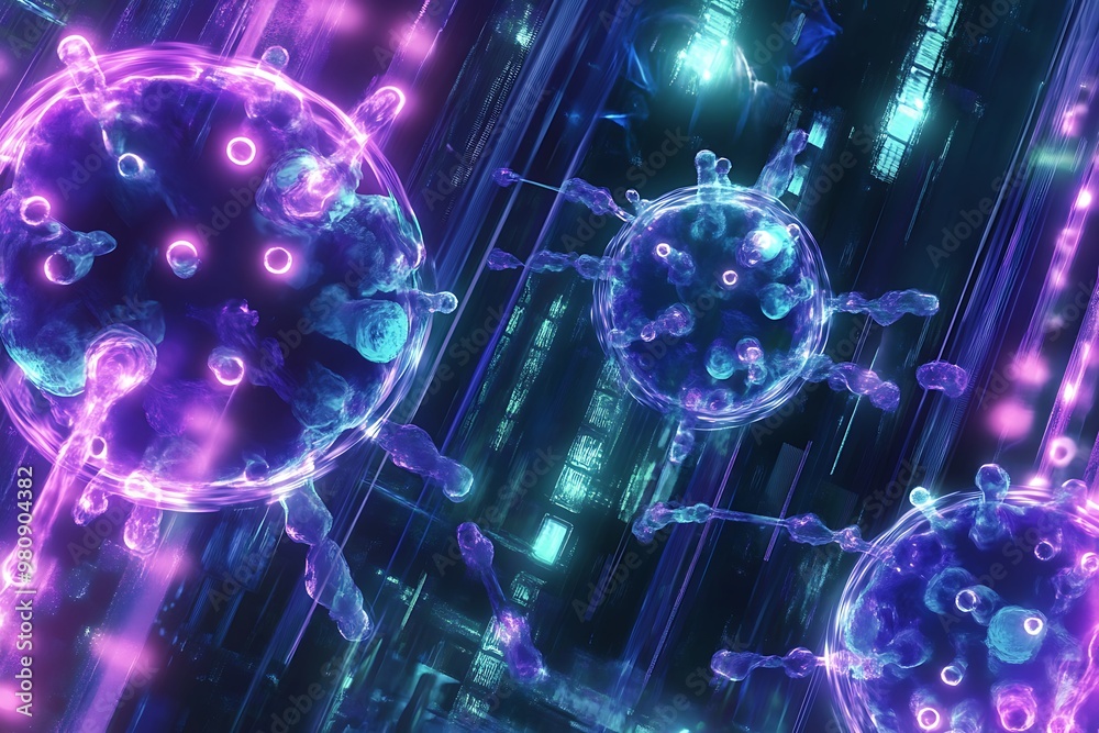 Obraz premium Abstract virus or cell in glowing purple and blue colors on dark background.