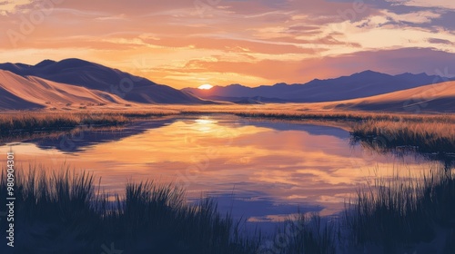 artwork of a desert sunset reflecting on a small, isolated pond.