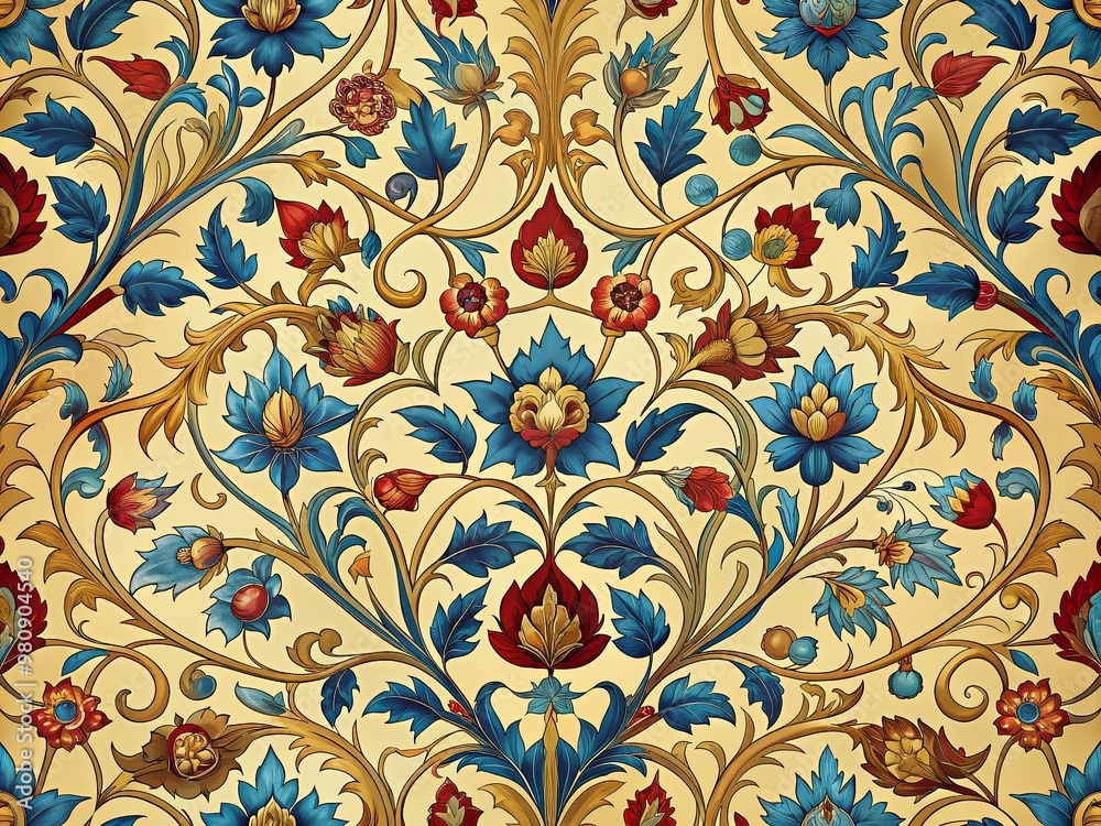Intricate, ornate floral pattern with curved vines and ornamental motifs in shades of gold, blue, and crimson, perfect Intricate, ornate floral pattern with curved vines and ornamental motifs in shades of gold, blue, and crimson, perfect