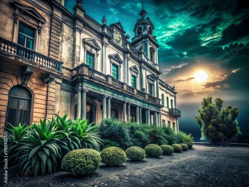 Mysterious Shadows Fall on the Forgotten Facade of Whispering Walls, a Decaying Beauty with Secrets in the Rain photo