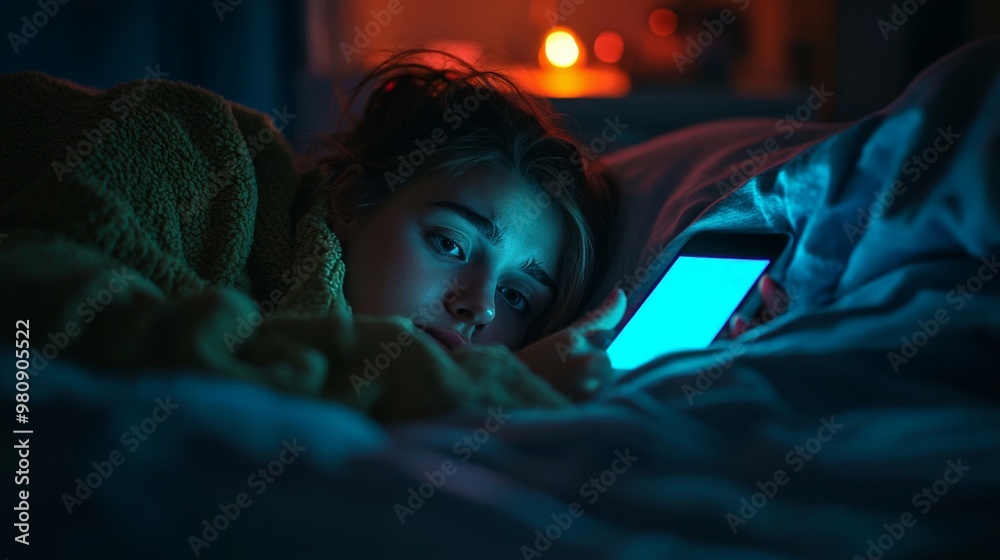 A person lying awake in bed, staring at a bright phone screen, unable to sleep due to blue light and digital distractions. A person lying awake in bed, staring at a bright phone screen, unable to sleep due to blue light and digital distractions.