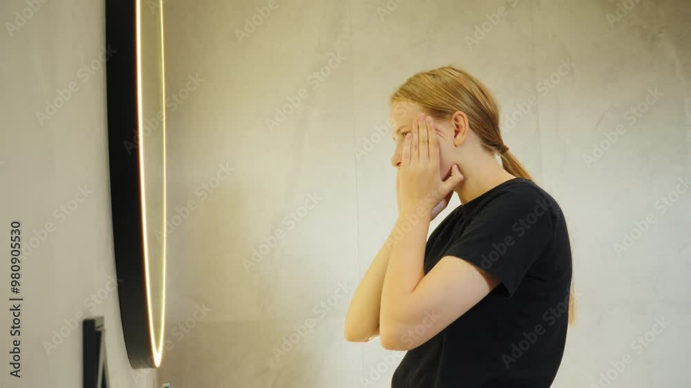 A teenage girl washes her face in the bathroom, examining her reflection in the mirror from a side view. A teenage girl washes her face in the bathroom, examining her reflection in the mirror from a side view.