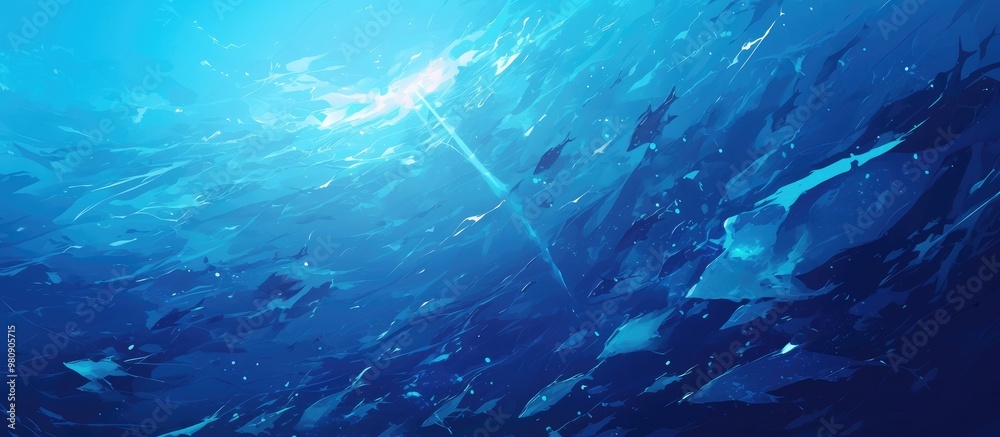 Obraz premium Underwater view of a blue ocean surface featuring abstract fractal waves and beams of sunlight penetrating the water