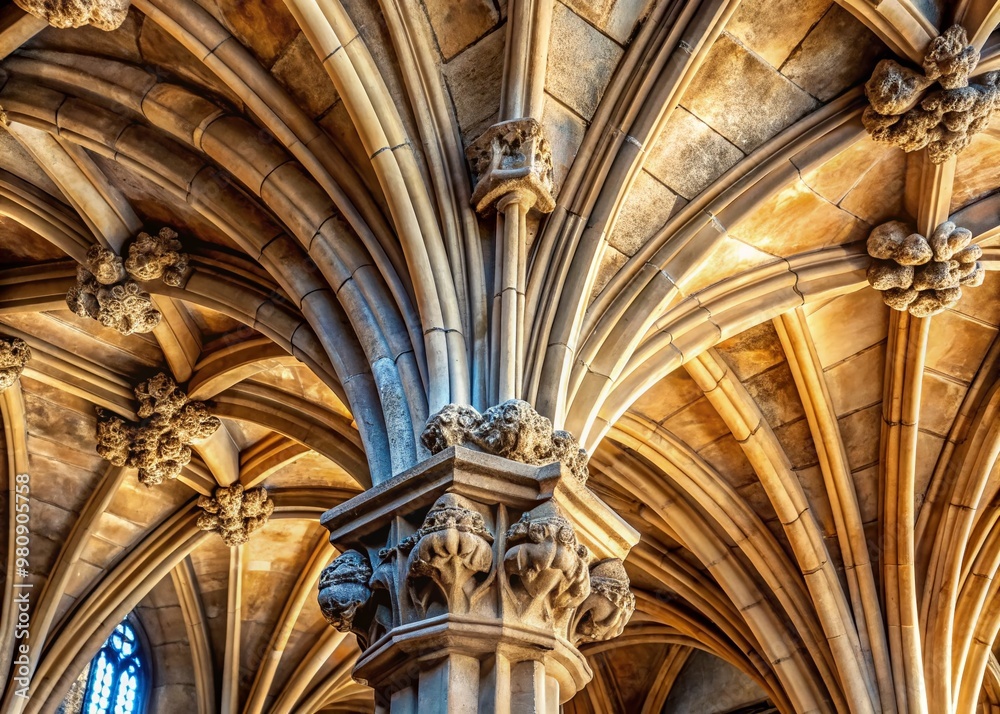 Intricate stone corbel brackets support an ancient vaulted ceiling adorned with ornate carvings and worn by time, Intricate stone corbel brackets support an ancient vaulted ceiling adorned with ornate carvings and worn by time,