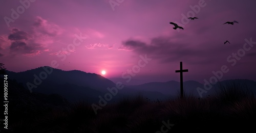 The cross of Jesus Christ crosses the barrier to Calvary against a sunset backdrop. You can see the slave hope worshiping God, and a Christian praying religiously through the Holy Spirit. photo