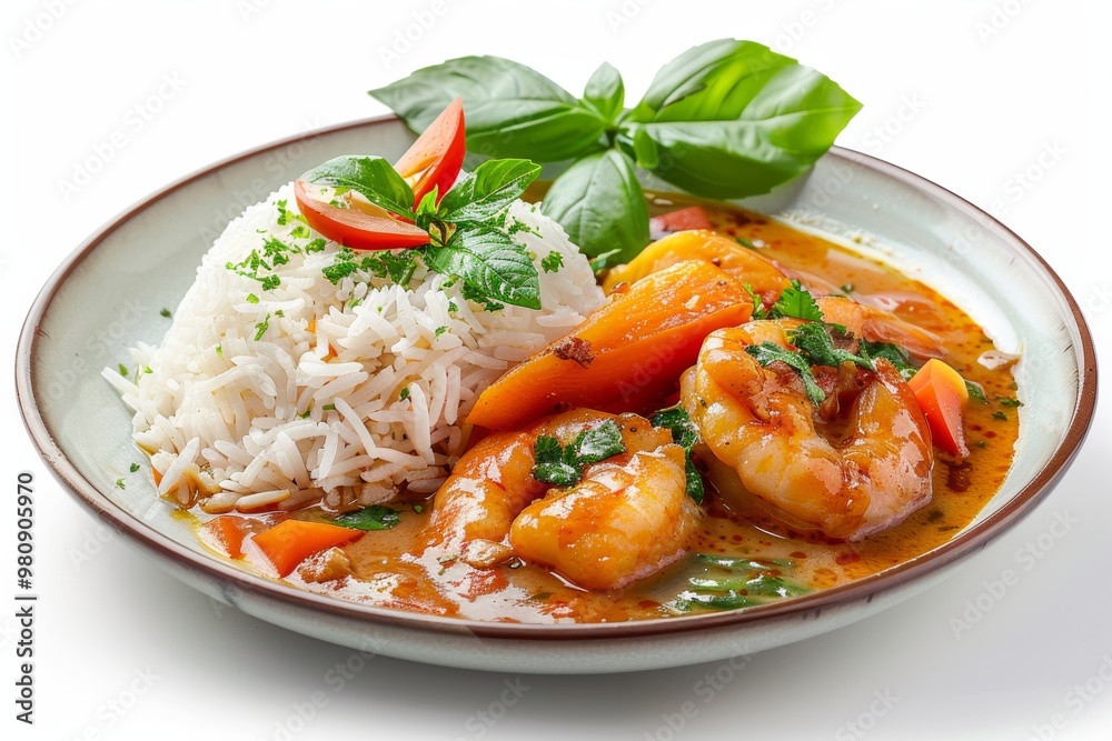 A plate of Thai fish curry with steamed rice