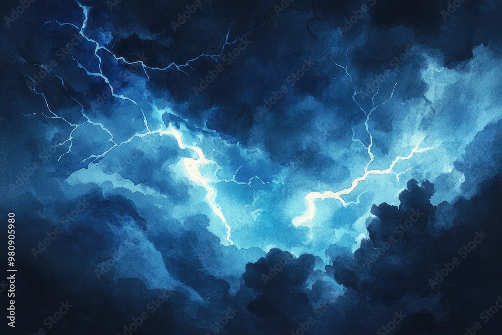 Bright watercolor illustration of a lightning filled night sky with a ...