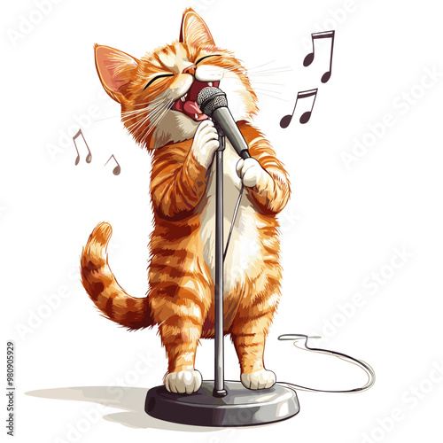 vector cat singing into microphone on white background .Generative AI