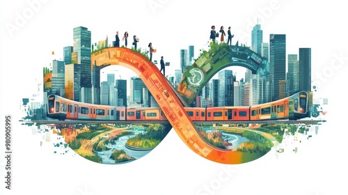 Infinite symbol vector art illustration that combines urban landscape with business people. Cities, high-rise buildings, green spaces, and trains are connected through harmonious design #980905995