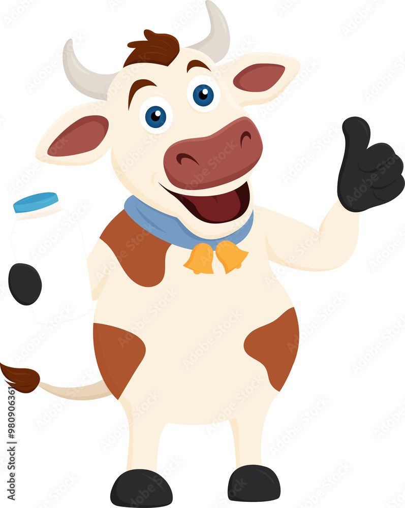 Dairy cow character showing off premium quality dairy products Dairy cow character showing off premium quality dairy products