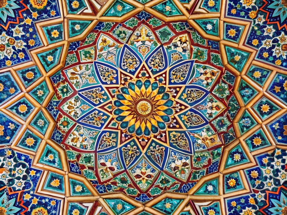 Intricately designed Islamic geometric patterns adorn ancient architecture, featuring repeating shapes, stars, and Intricately designed Islamic geometric patterns adorn ancient architecture, featuring repeating shapes, stars, and