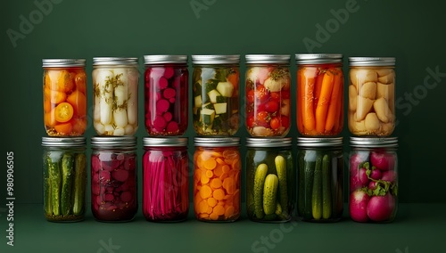 A row of glass jars filled with various pickled vegetables. photo