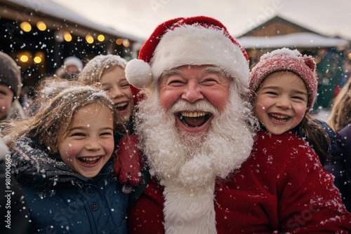 A joyful Santa Claus with children, surrounded by a wintry snowy backdrop, spreading holiday cheer and happiness. Smiling faces and festive ambiance radiate warmth.